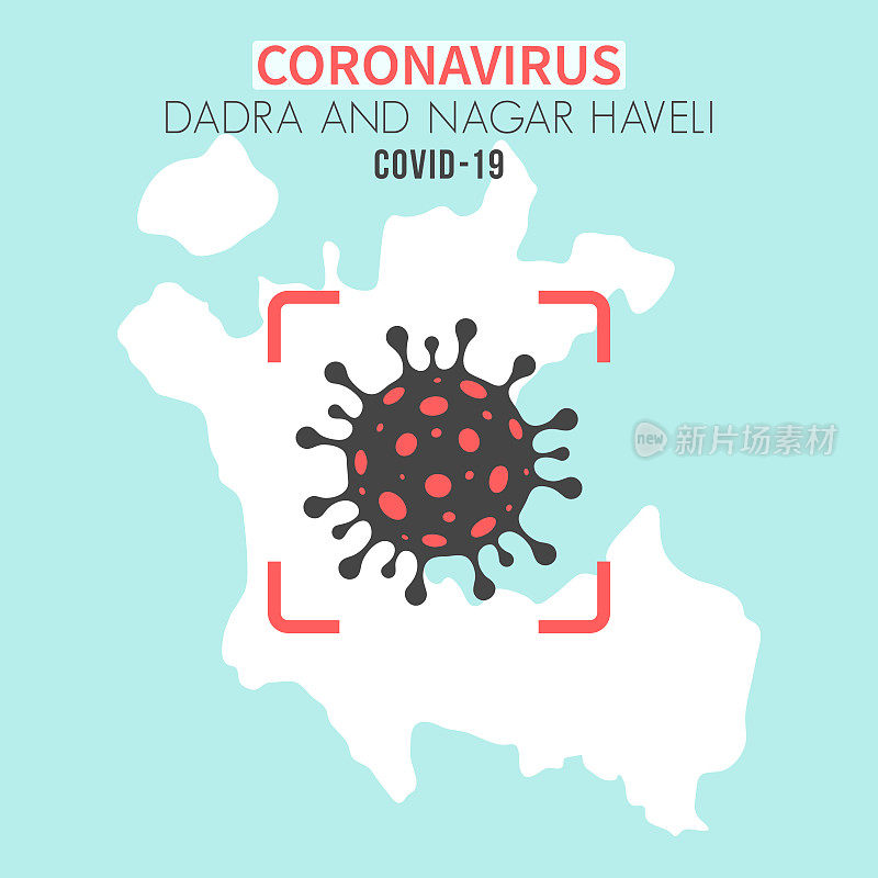 Dadra和Nagar Haveli地图，红色取景器中有冠状病毒(COVID-19)细胞